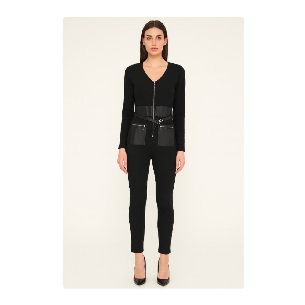Maniere De Voir Jumpsuit Womens 12 Black Zip Front Belted Faux Leather Utility